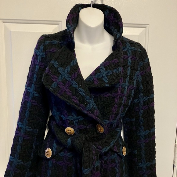 Sunner‎ Tweed Sz XS 2/4 Black Purple Green 100% Wool Mid-Length Coat Women's - Picture 4 of 11